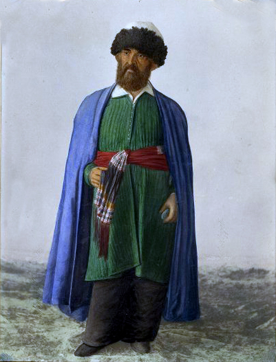 Туркмен.  Фотопечать с раскрашиванием акварелью.  1885 г.